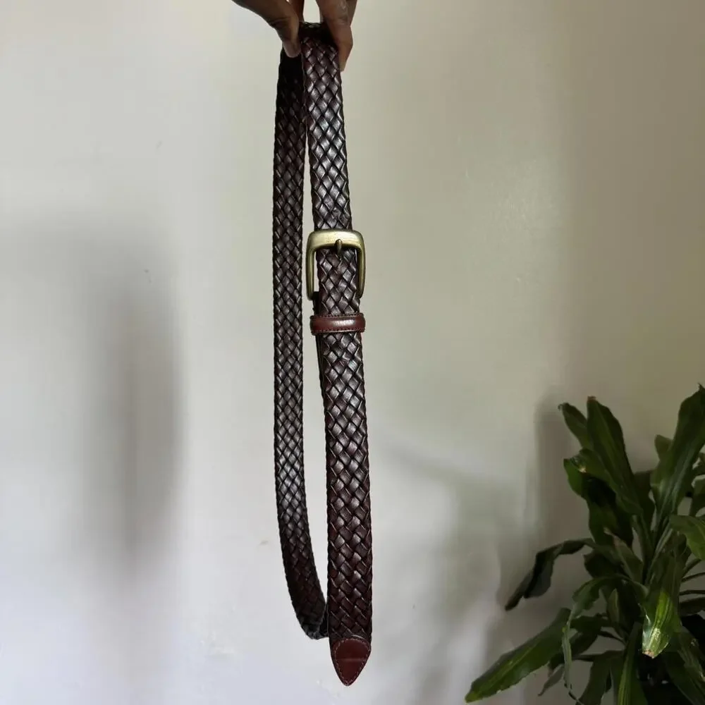 Vintage Brown breaded genuine leather‎ belt with gold buckle size 44